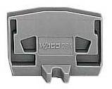 Grey end stop for electrical connections, with 'WAGO 2001' inscription in the centre. Used for stabilising terminal blocks.