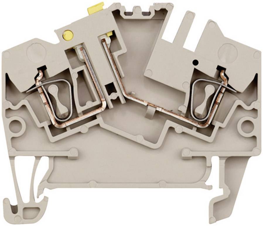 Grey electrical terminal block with copper connections and yellow lever; shows internal wiring for power and signal distribution.