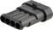 Black plastic plug with four round connections, used for electrical connections in vehicles or machinery.