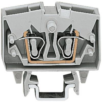 Electrical terminal with an open connection, showing metal and plastic components for cable connections in industrial applications.
