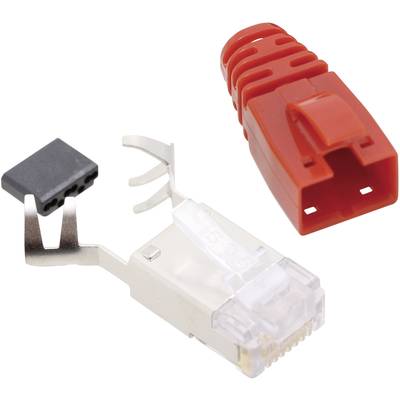 A disassembled RJ45 plug with metal connector, plastic cover, and red strain relief, ready for cable assembly.