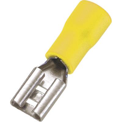 Yellow flat connector with metal clips, for electrical connection of cables in electronics or automotive applications.