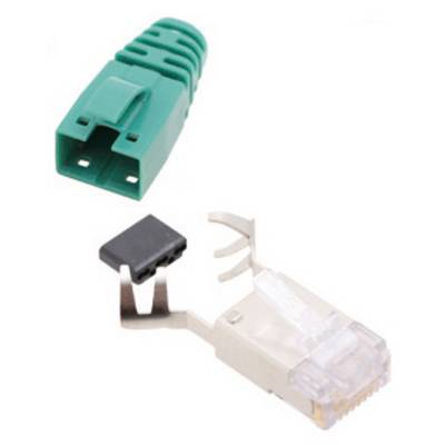 A green plug and a transparent connector with a metal clip, lying side by side.