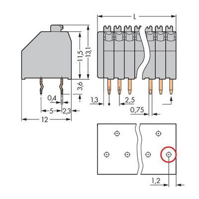 Dimensions and connection details of an electrical component with soldering pins; scale technical drawing.
