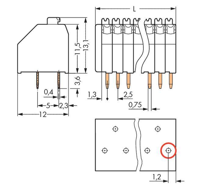 Technical drawing of a connector with dimensions in millimetres. Shows plug pins, housing shape, and hole positions.