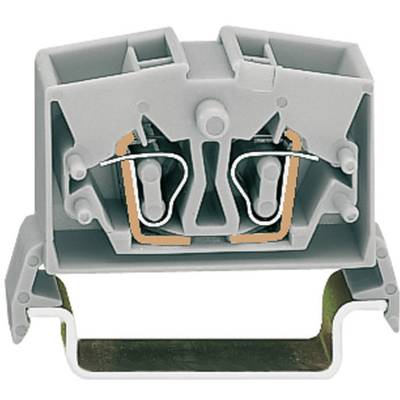 A grey electrical terminal block with metal clips reveals the internal structure for connecting wires.