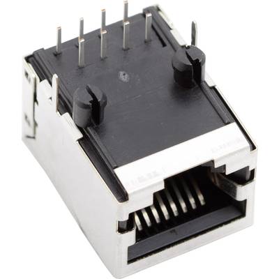 A RJ45 network socket with a metal casing, six pins on top and eight internal contacts, for Ethernet connections.