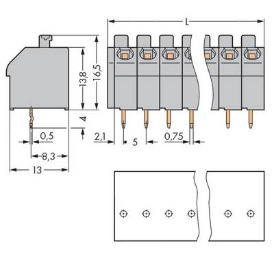 Technical drawing of a connector with dimensions: height 13.8 mm, length 16.5 mm, width 13 mm. Six connection points.