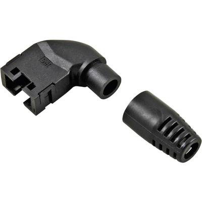 Two black plastic connector parts, one with an L-shaped connection and one with a removable sleeve, for cable connections.