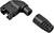 Two black plastic connector parts, one with an L-shaped connection and one with a removable sleeve, for cable connections.