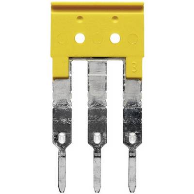Yellow fuse with three flat metal contacts. The top surface has three holes.