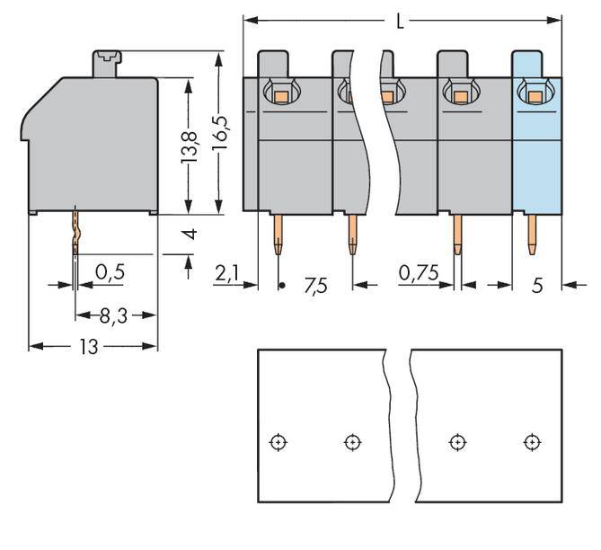 Technical Drawing: Module Connector with Dimensions. Shows height, width, drill holes, and pin spacing. Top: 13.8 mm height.