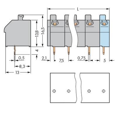Technical Drawing: Module Connector with Dimensions. Shows height, width, drill holes, and pin spacing. Top: 13.8 mm height.