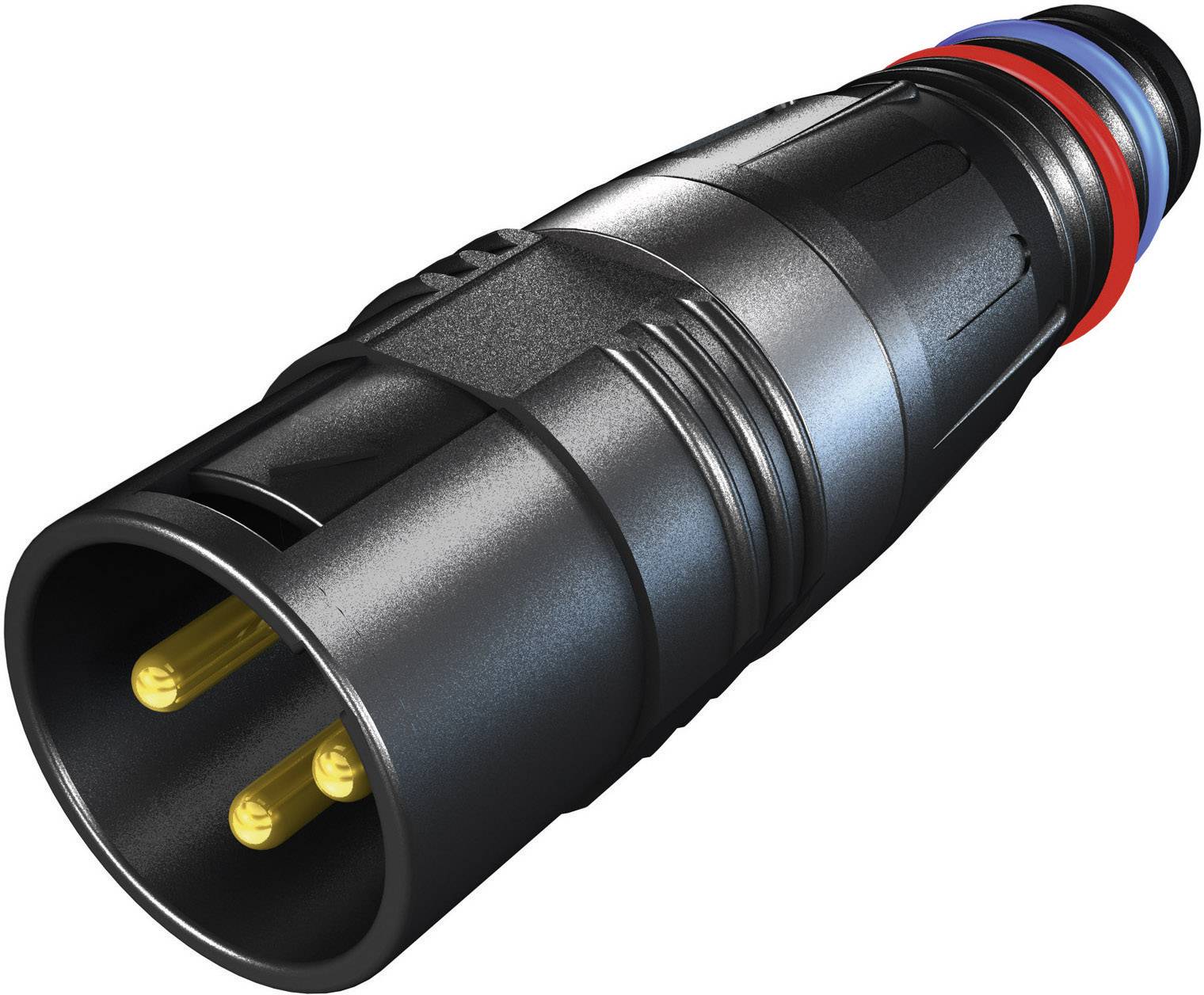 Black plastic plug with three gold-plated pins, rounded end, and red and blue markings. Suitable for audio connections.