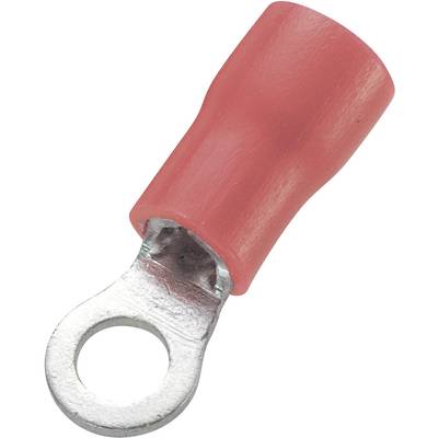 A red cable lug with a metal ring for attachment to electrical connections.
