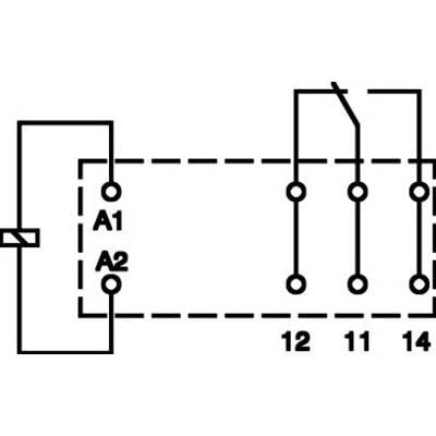 Circuit diagram of an electrical relay with coil terminals A1, A2 and switching positions 12, 11, 14.