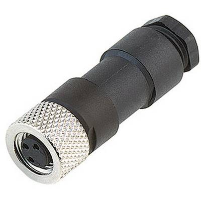 A black, cylindrical electrical plug with a metallic threaded ring and three holes for electrical connections.