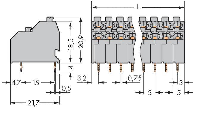 'Technical drawing of a connector showing side and front views, displaying pin dimensions and spacing in millimetres.'