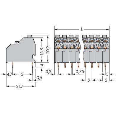 'Technical drawing of a connector showing side and front views, displaying pin dimensions and spacing in millimetres.'