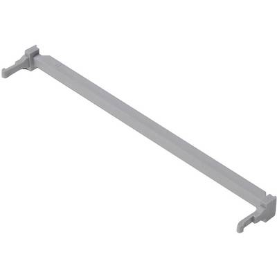 A grey, rectangular plastic piece with two hooks at its ends, presumably a mounting element for a specific device or system.