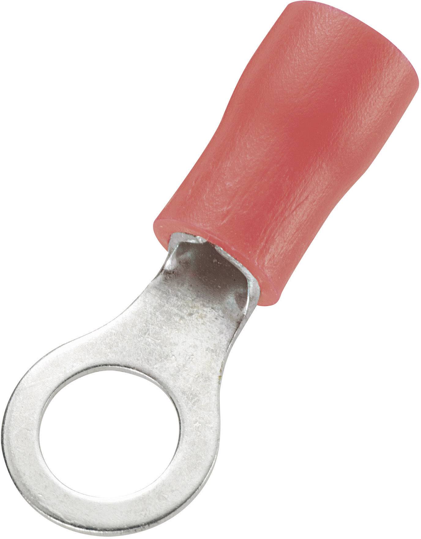 Red cable shoe with metallic ring terminal. Typically used to securely connect electrical cables.