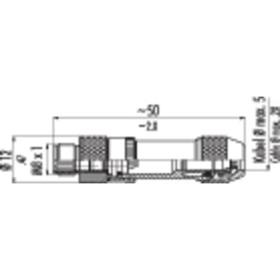 Technical drawing of a plug with dimensions: Total length approx. 50 mm, including threaded screw and cable attachment.