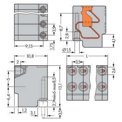 Technical drawing of a mechanical component with dimensions. Shows front, top, and side views, with wire connections.