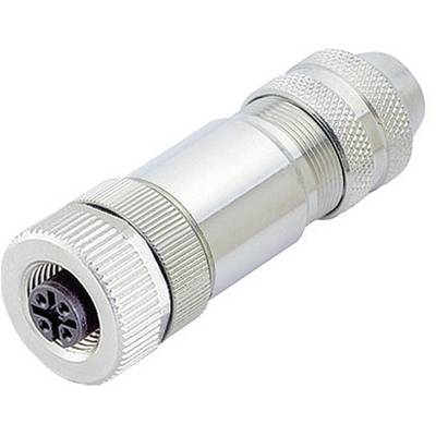 Metallic circular connector with four pins, knurled handle, and screw lock, suitable for industrial applications.
