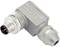 A right-angled, metallic connector with two knurled threaded fasteners, suitable for industrial applications.