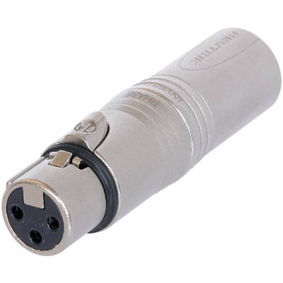 A silver XLR plug, primarily used for audio connections. It has three pins and a locking mechanism.