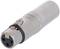A silver XLR plug, primarily used for audio connections. It has three pins and a locking mechanism.