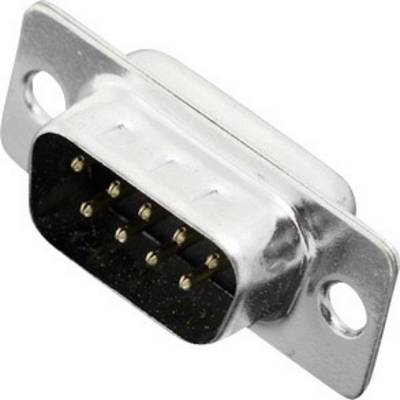 A silver, rectangular D-sub socket with 9 metal pins, used for serial interface connections.
