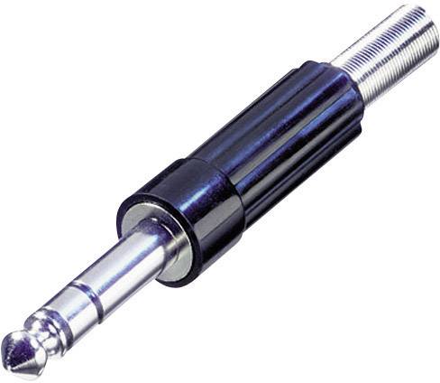A black and silver audio jack with a 6.3 mm diameter and ridged surface. Suitable for connecting audio devices.