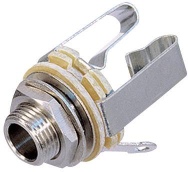 Metal jack socket with mounting elements, suitable for audio connections in electronic devices.