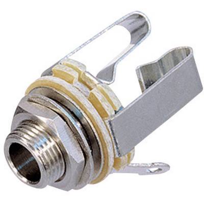 Metal jack socket with mounting elements, suitable for audio connections in electronic devices.