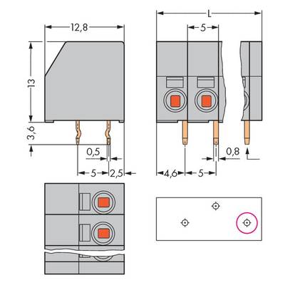 Technical drawing of a connector with dimensions in millimetres. Shows front, side, and top views with detailed specifications.