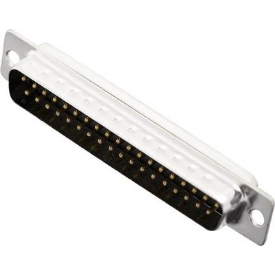 A computer plug with a rectangular metal casing and numerous pins, typical of serial interface connections.