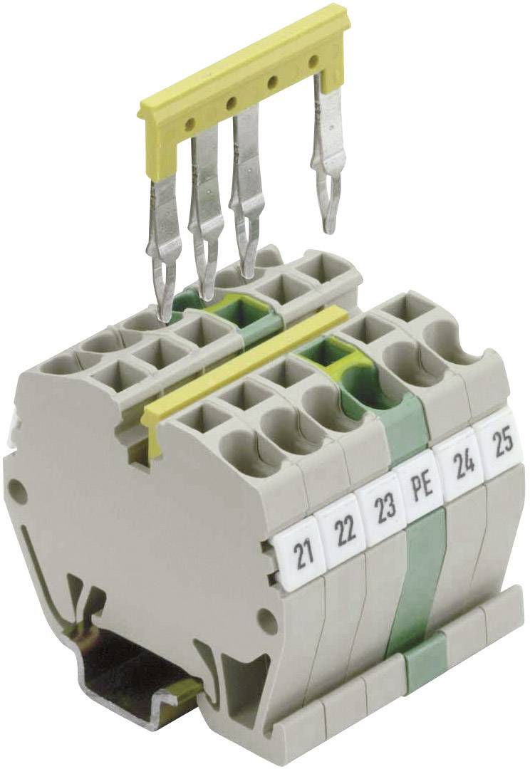 A grey terminal block with yellow-green marking and labelling '21, 22, 23, PE, 24, 25'. Yellow connection bridges are located at the top.