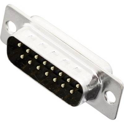 A silver, rectangular plug with two rows of metal pins and two mounting holes on the sides.