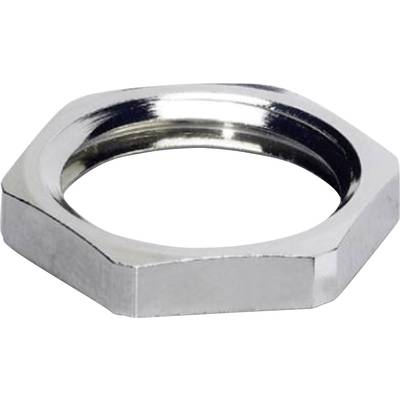 A hexagonal chrome-plated nut, primarily used to withstand compression and tensile forces.