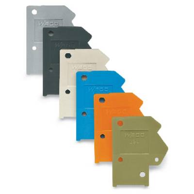 Colourful, rectangular cable markers in various colours: Grey, Black, White, Blue, Orange and Green, stacked offset on top of each other.