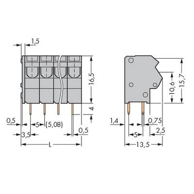 Figure of a technical drawing of an electrical connector with dimensions: 16.5 mm high, 10.6 mm deep, 5.08 mm width of connections.