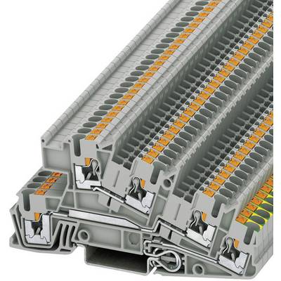 Grey terminal blocks in cross-section with orange actuation levers and conductive metal components, suitable for electrical wiring.
