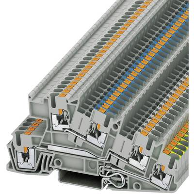Three-layer terminal block in grey, showing orange and blue connection points. Illustrates space and wire management in electrical control systems.