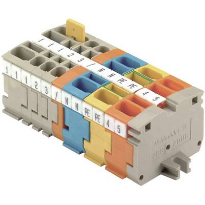 Electrical terminal block with multi-coloured sockets, numbered from 1 to 5. Manufacturer: Weidmüller.