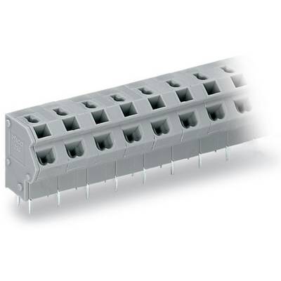Grey, elongated electrical connector module with multiple terminal blocks and metal pins on the underside.