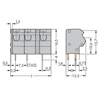 Technical drawing of an electronic connector with dimensions: height 16.5 mm, width 7.5 mm, and additional details.