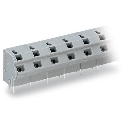 A grey electrical terminal block with multiple connection terminals and metallic pins on the underside, used for electrical connections.