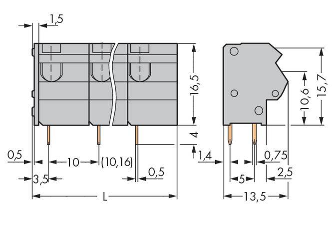 Technical drawing of an electronic component with dimensions in millimetres. Front and side view of the component.
