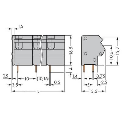 Technical drawing of an electronic component with dimensions in millimetres. Front and side view of the component.